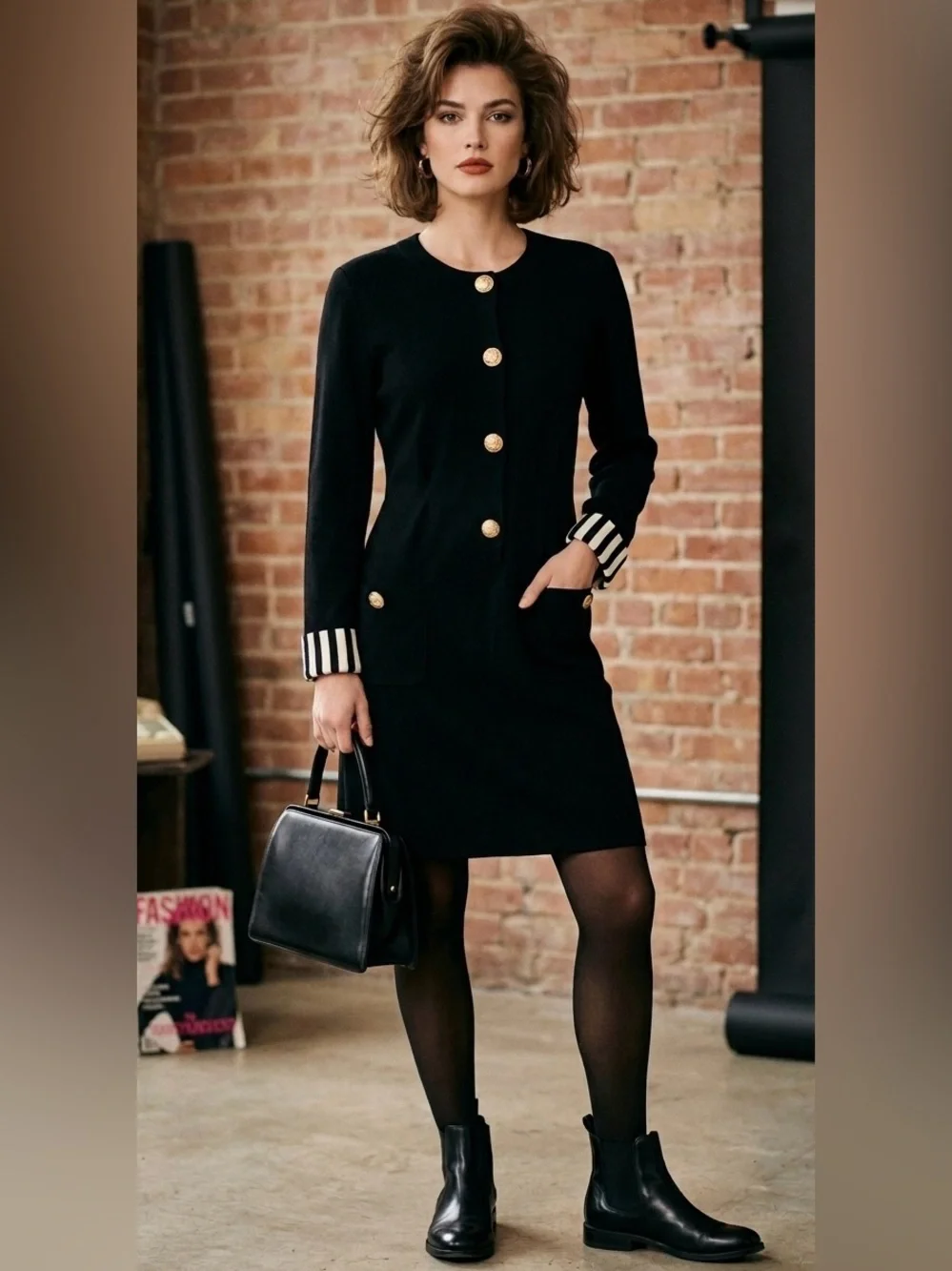 Vintage Adrienne Vittadini Black Cotton Long Sleeve Dress, Size 6